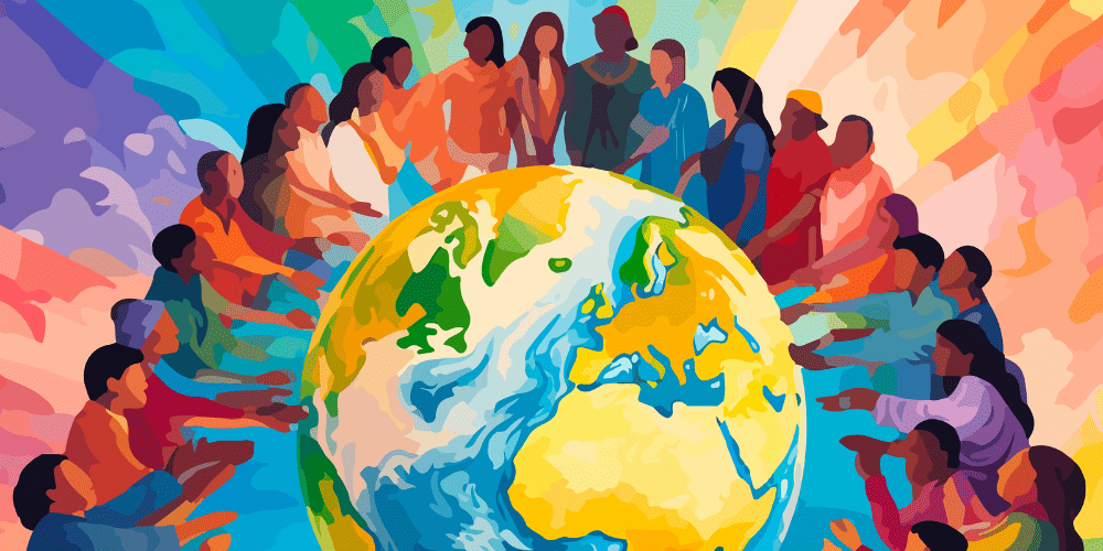 llustration of people holding hands around the world