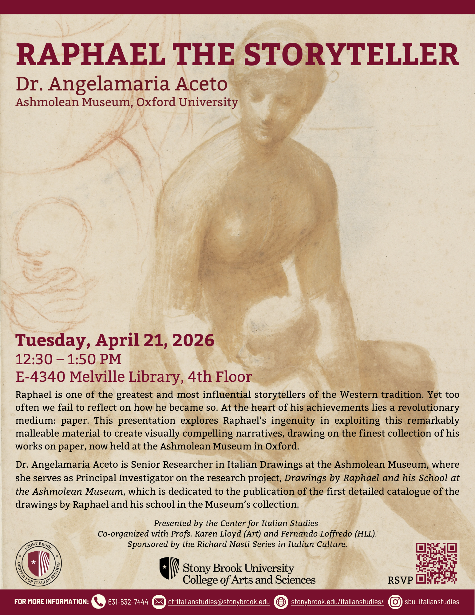 flyer advertising the lecture "Raphael the Storyteller." Contains a background image of a sculpture. Information on the flyer is the same as what's on the site.