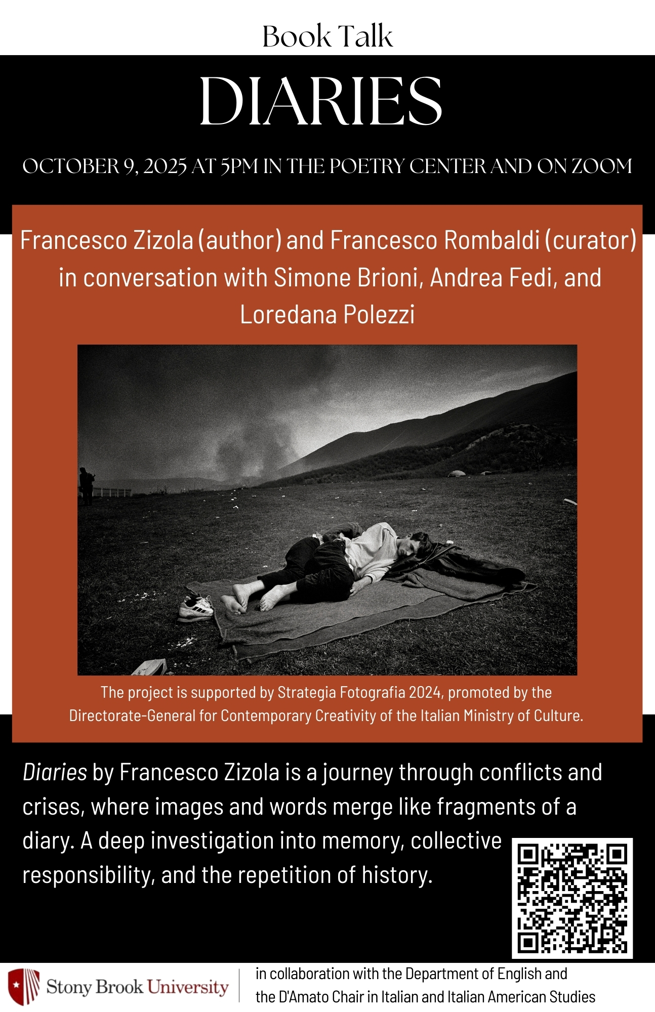 flyer advertising Francesco Rombaldi's book talk event on October 9 (5pm) at the Poetry Center and on Zoom. Information on the flyer is the same as what's on the site