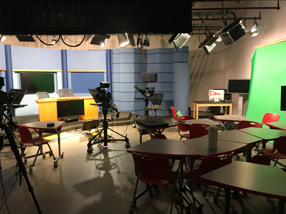 Broadcast Studio Empty broadcast studio with cameras, green screen and chairs